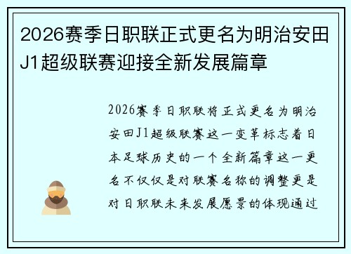 2026赛季日职联正式更名为明治安田J1超级联赛迎接全新发展篇章 2026赛季日职联正式更名为明治安田J1超级联赛迎接全新发展篇章